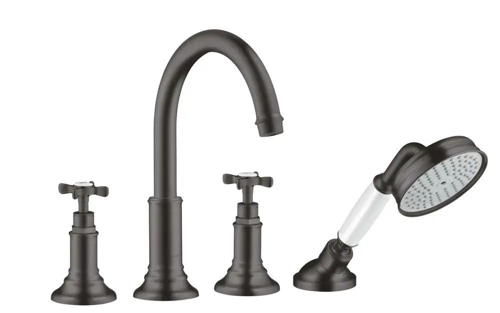 AXOR Armatur mit vier Funktionen, einschließlich eines gebogenen Auslaufs und Kreuzgriffen, in Brushed Black Chrome. Bitte beachten, dass kein spezifischer Modellname sichtbar ist.